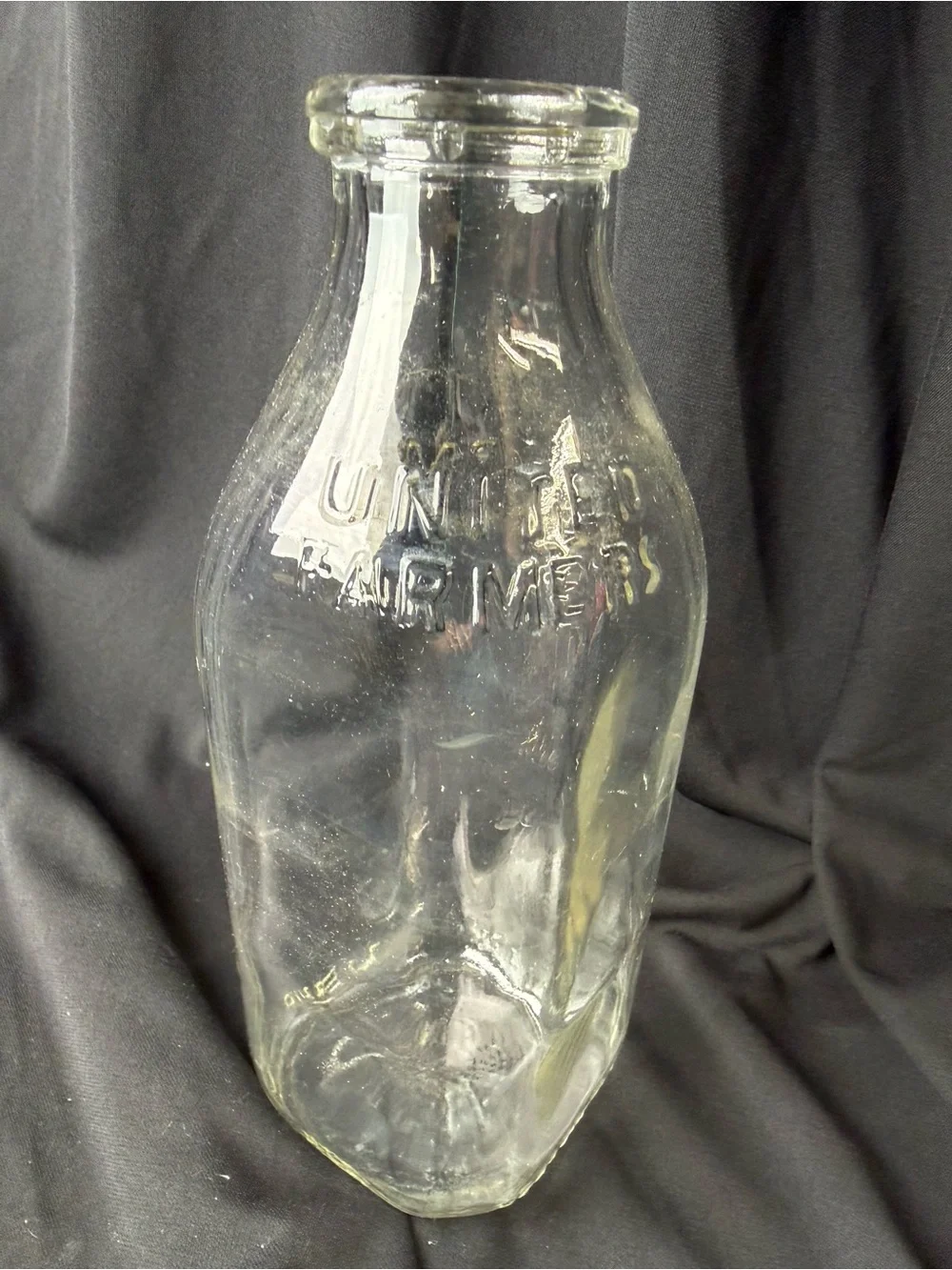 United Farmers Antique Clear Glass Milk Bottle - Decorative Vase or Pitcher